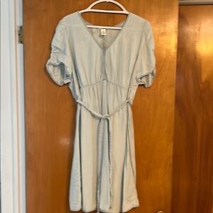 Lightweight denim Maternity Puff Sleeve V-Neck Dress